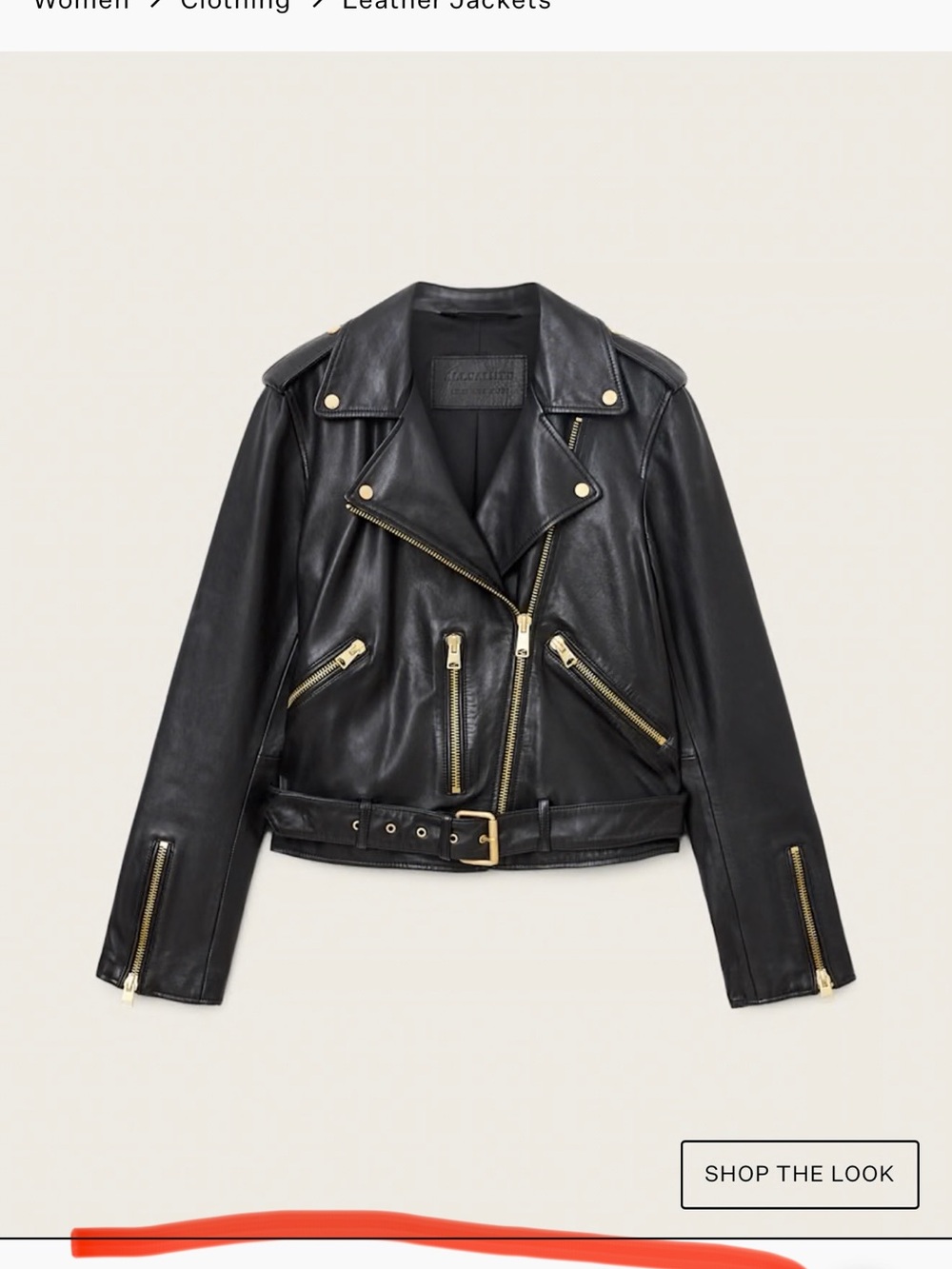 AllSaints Black Leather Biker Jacket with Gold Hardware